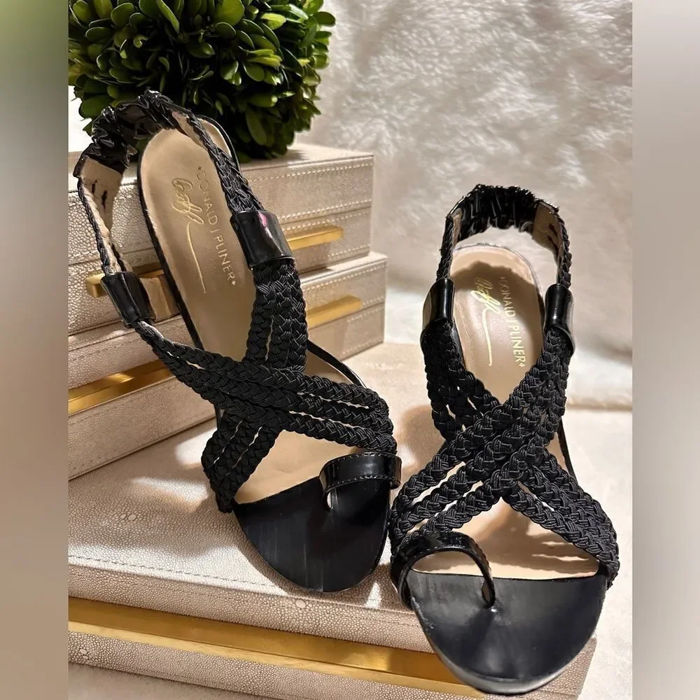 Donald J. Pliner Black Braided Leather Heeled Sandals – Size 8.5M